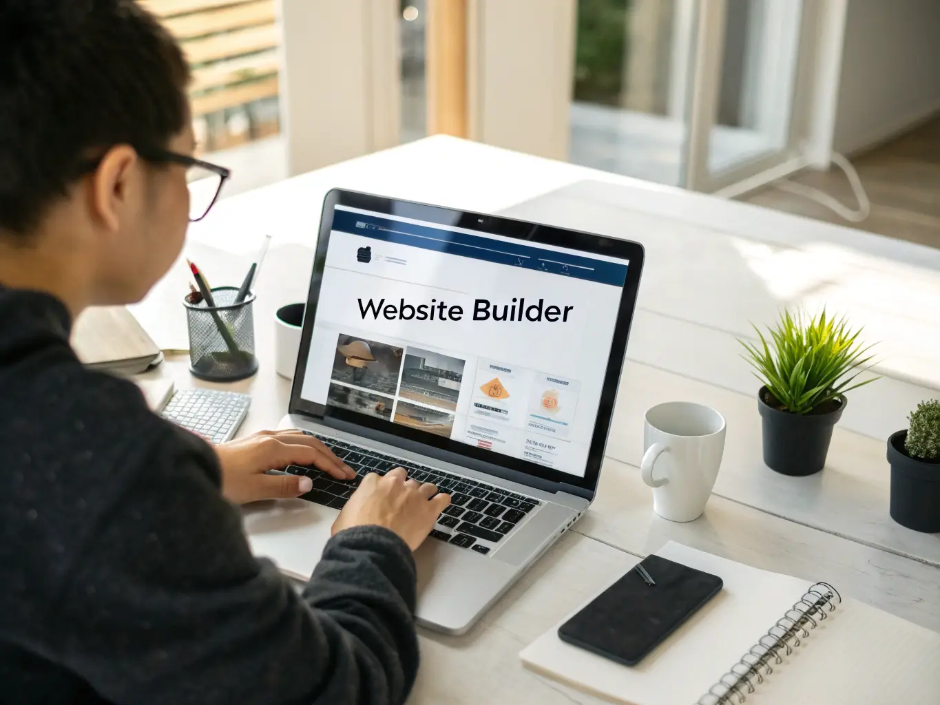 A user-friendly drag-and-drop interface with various website elements like text boxes, images, and buttons being easily moved and arranged.